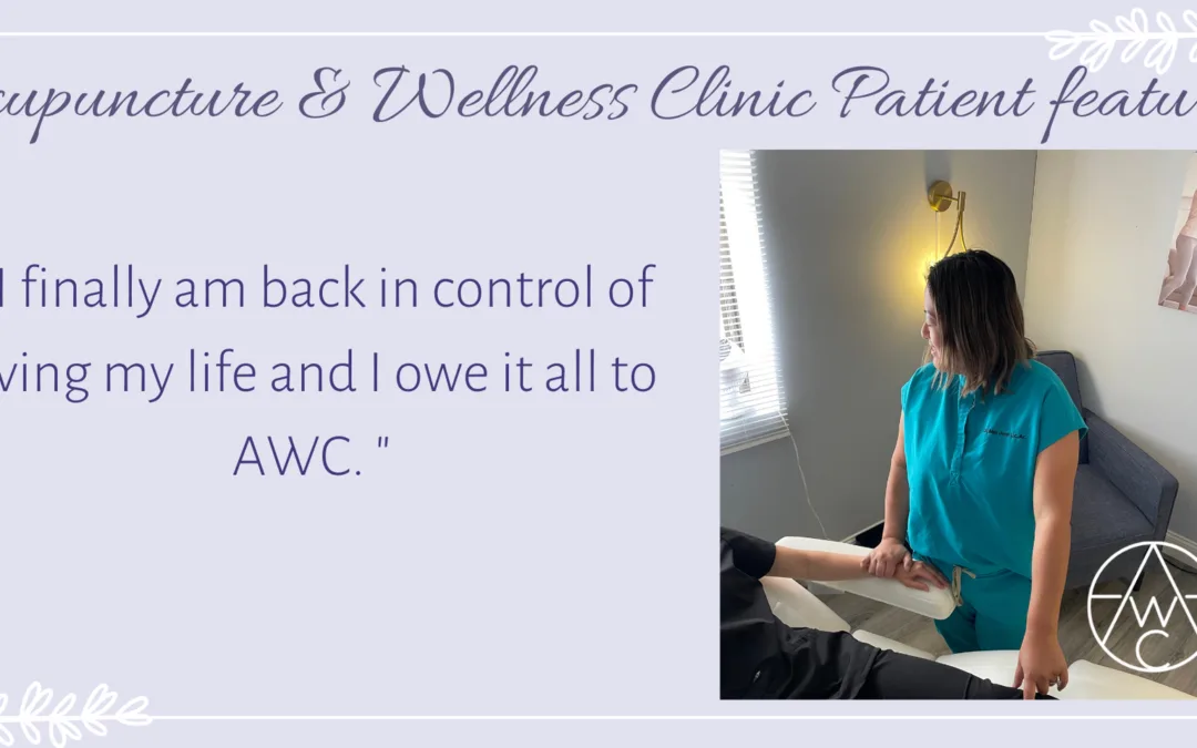 A patient testimonial card reading, I finally am back in control of living my life and I owe it all to AWC, beside a photograph of a treatment in progress