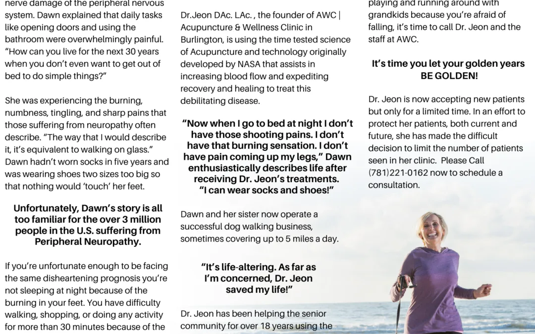 A newspaper feature about a patient named Dawn and her treatment for peripheral neuropathy at the clinic